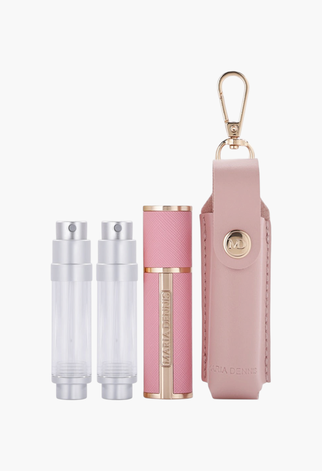 GLAM MODA Maria Dennis pink refillable perfume atomizer set with two clear spray vials and a leather carry case.