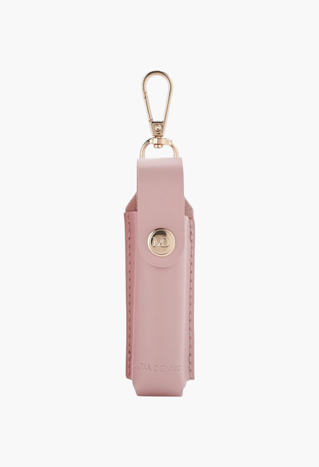 GLAM MODA Maria Dennis refillable perfume atomizer in soft pink leather with a gold clasp for travel.