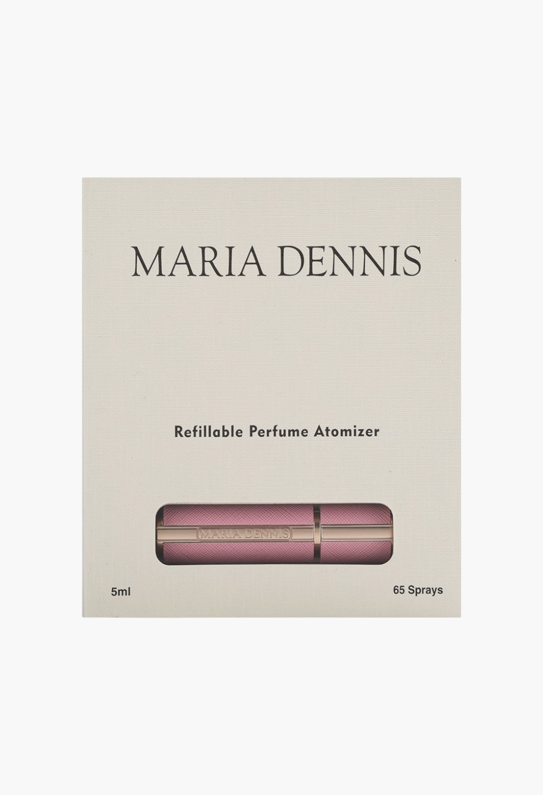 GLAM MODA Maria Dennis pink refillable perfume atomizer in its elegant cream-colored retail packaging