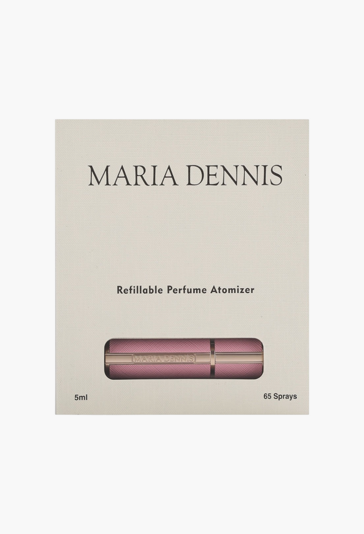 GLAM MODA Maria Dennis pink refillable perfume atomizer in its elegant cream-colored retail packaging