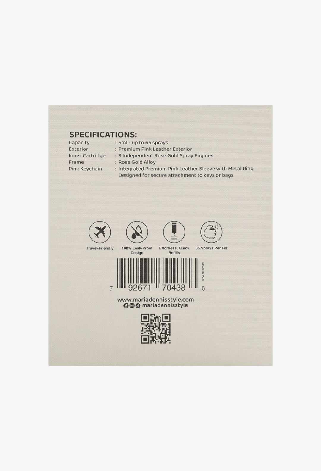 GLAM MODA Maria Dennis refillable perfume atomizer product specifications label with pink leather and rose gold details