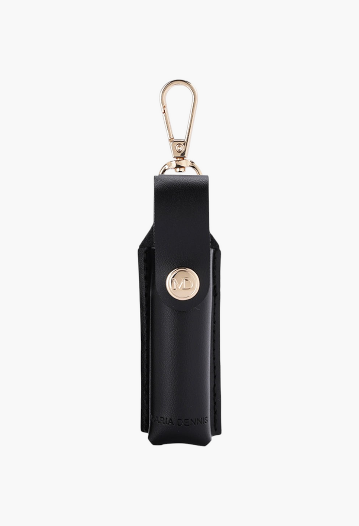 GLAM MODA Maria Dennis black leather refillable perfume atomizer with gold hardware and keychain clip