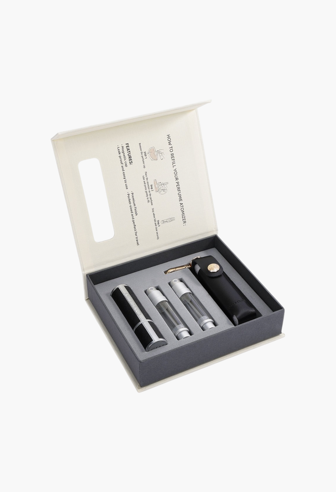 GLAM MODA refillable perfume atomizer set in a gift box with two travel spray bottles and a black leather case.