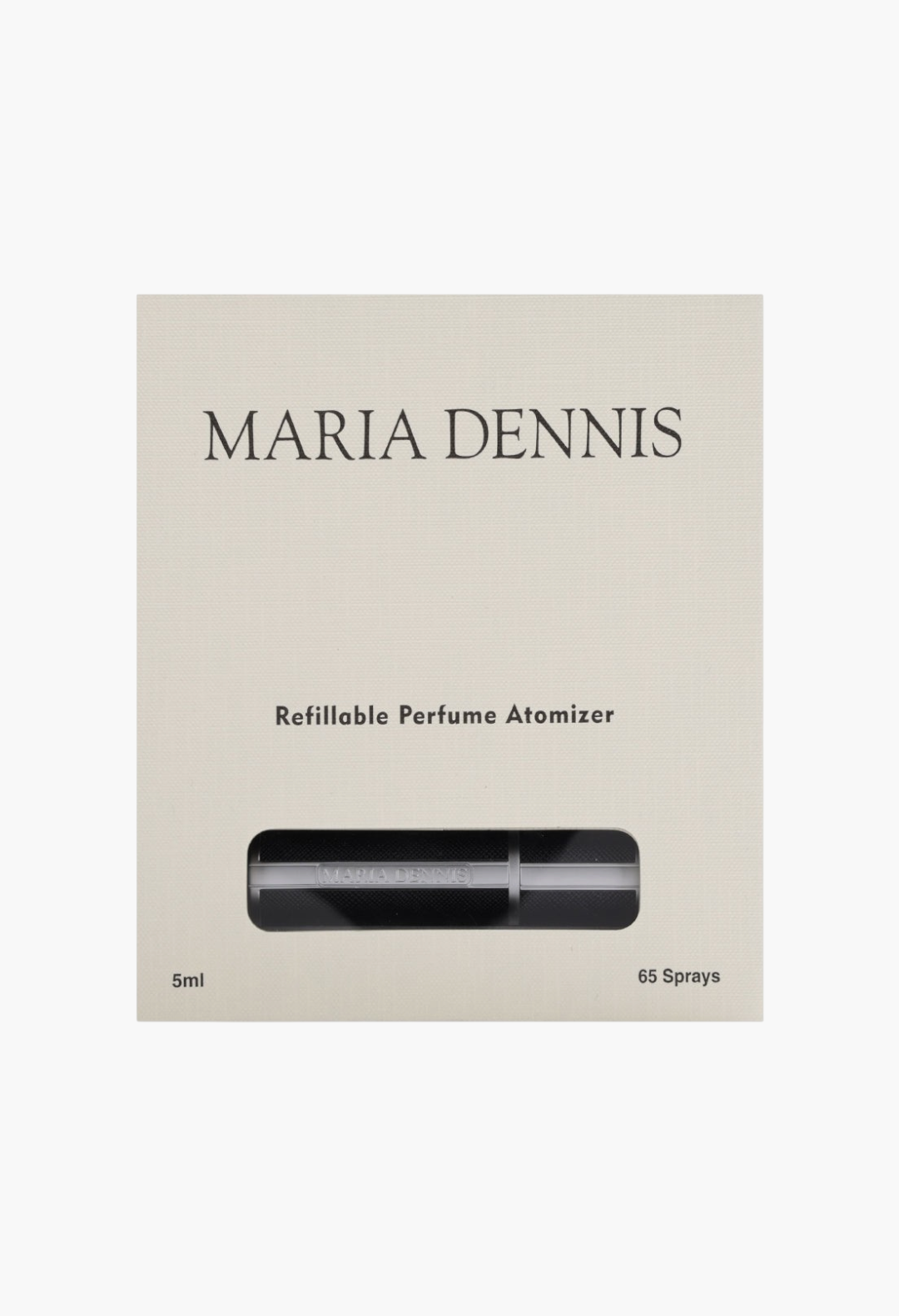 GLAM MODA Maria Dennis 5ml refillable perfume atomizer in sleek black packaging for travel fragrance storage