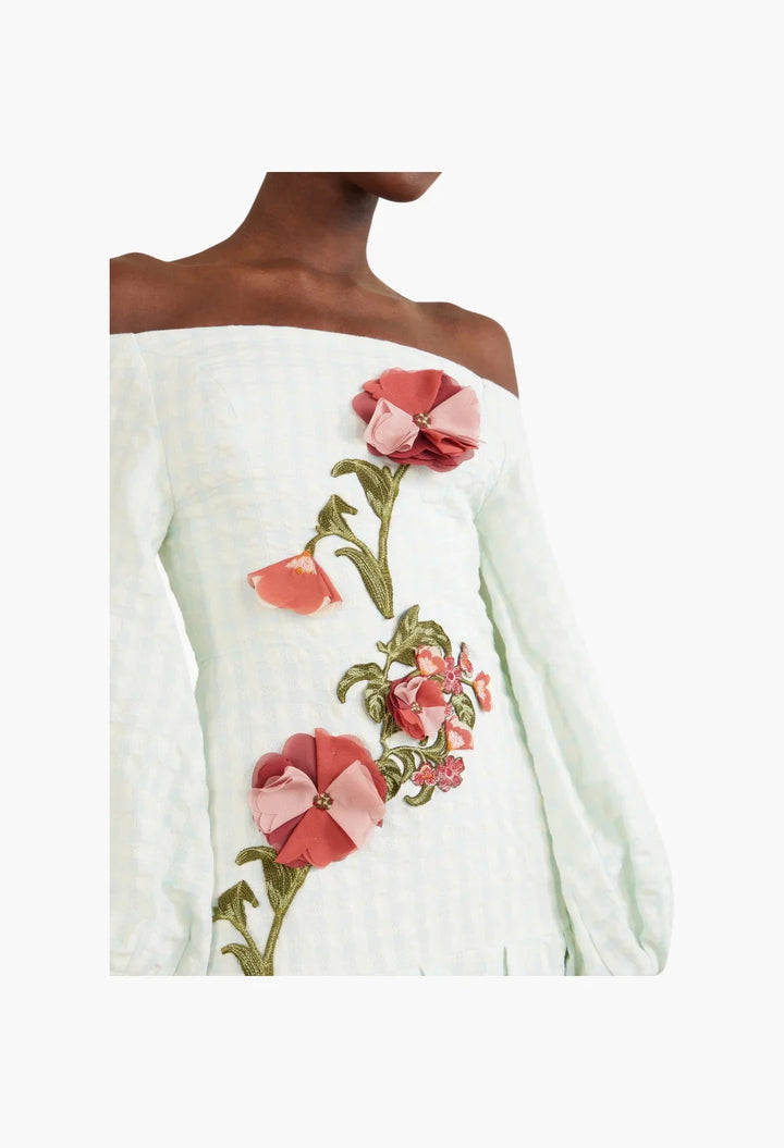Senlis off-the-shoulder floral-appliqué checked linen maxi dress