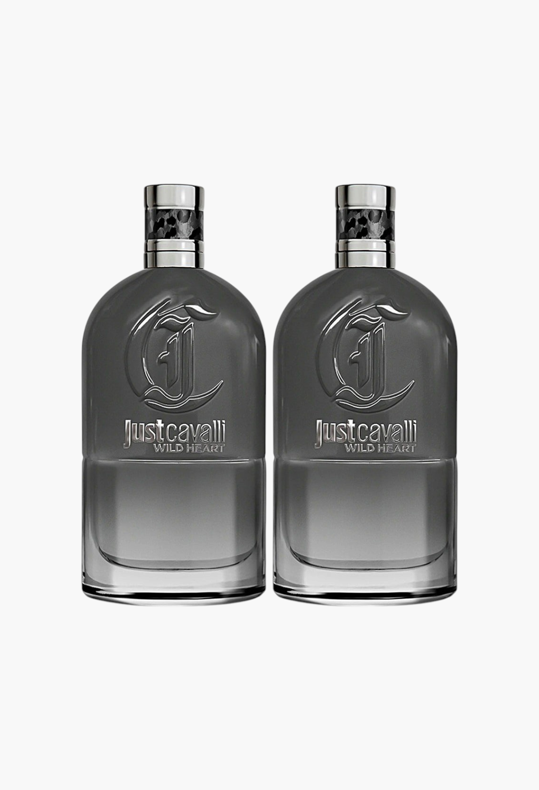 GLAM MODA Just Cavalli Wild Heart Eau de Toilette set featuring two 90ml grey glass perfume bottles with silver caps.