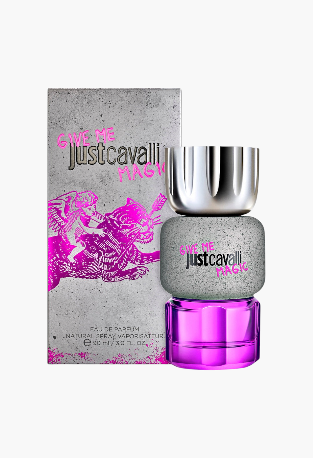 GLAM MODA Just Cavalli Give Me Magic 90ml eau de parfum bottle with its grey and pink illustrated packaging box