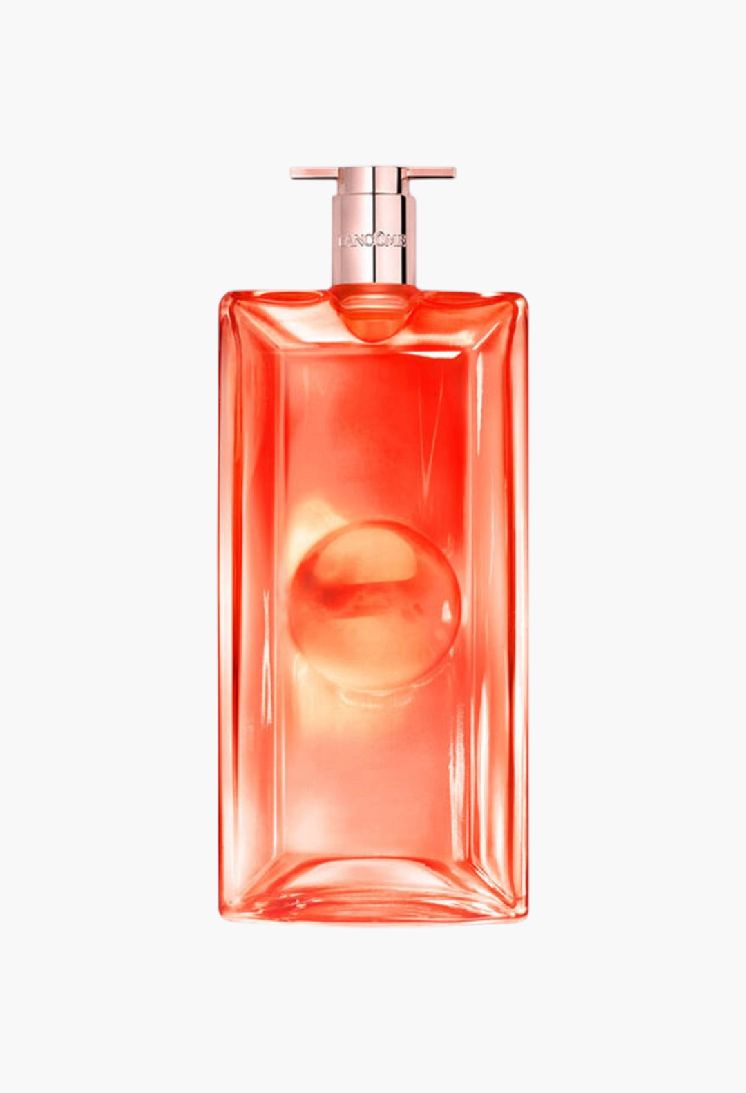 GLAM MODA Lancôme Idôle Peach 'N Roses Eau de Parfum in a slim, rectangular peach-tinted glass bottle
