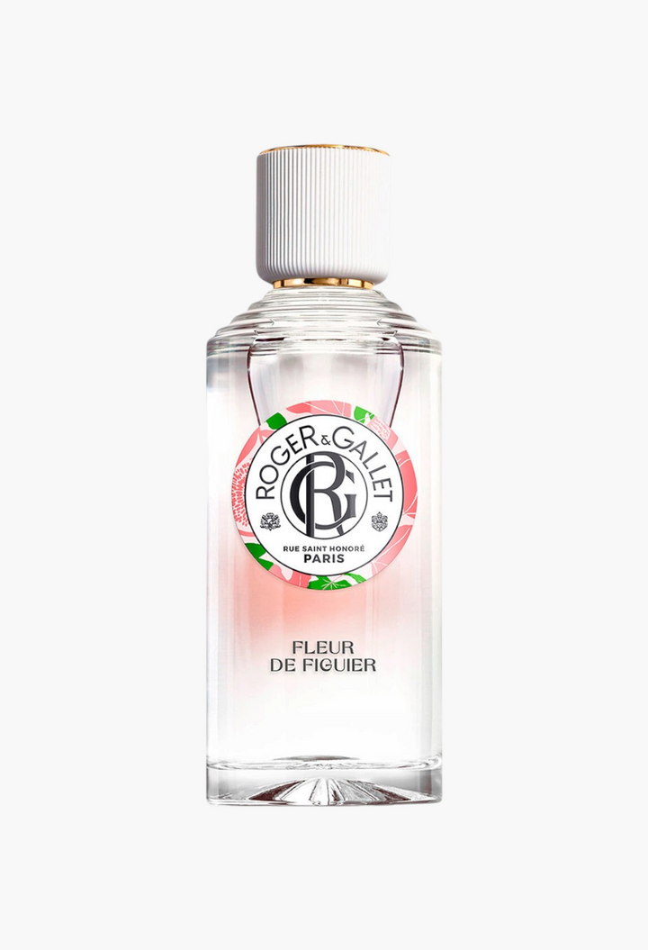 GLAM MODA Roger & Gallet Fleur de Figuier fragrant water bottle with white cap and floral logo label