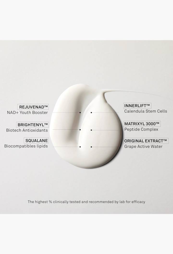 GLAM MODA La Cream Skin Longevity Crème texture swatch showing key ingredients like RejuveNAD and Matrixyl 3000.