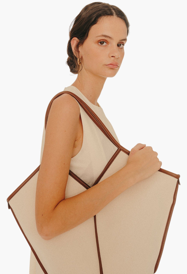 Beige / Chestnut - Calella Leather-Trimmed Organic Cotton Tote Bag - GLAM MODA