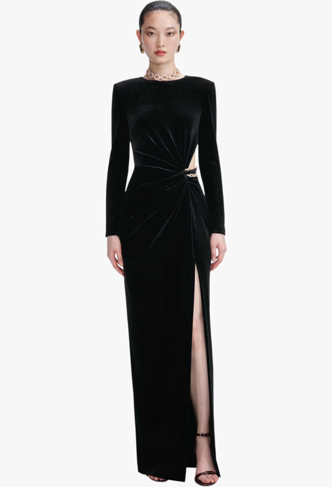 Black Velvet Embellished Maxi Dress - GLAM MODA