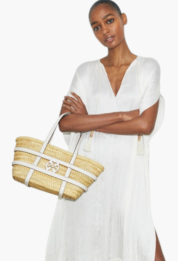 Blanc - Small Ella Croc-Embossed Straw Basket - GLAM MODA