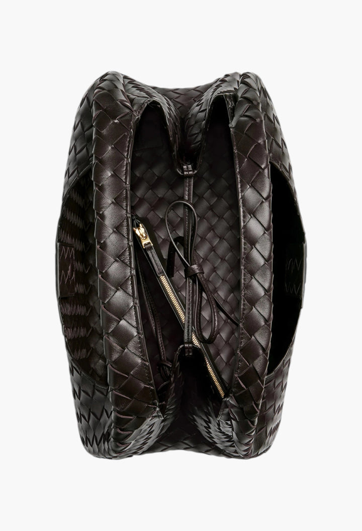 Brown - Large Campana Shoulder Bag in Intrecciato Leather - GLAM MODA