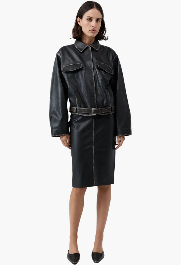 Brushed Leather Belted Jacket - GLAM MODA