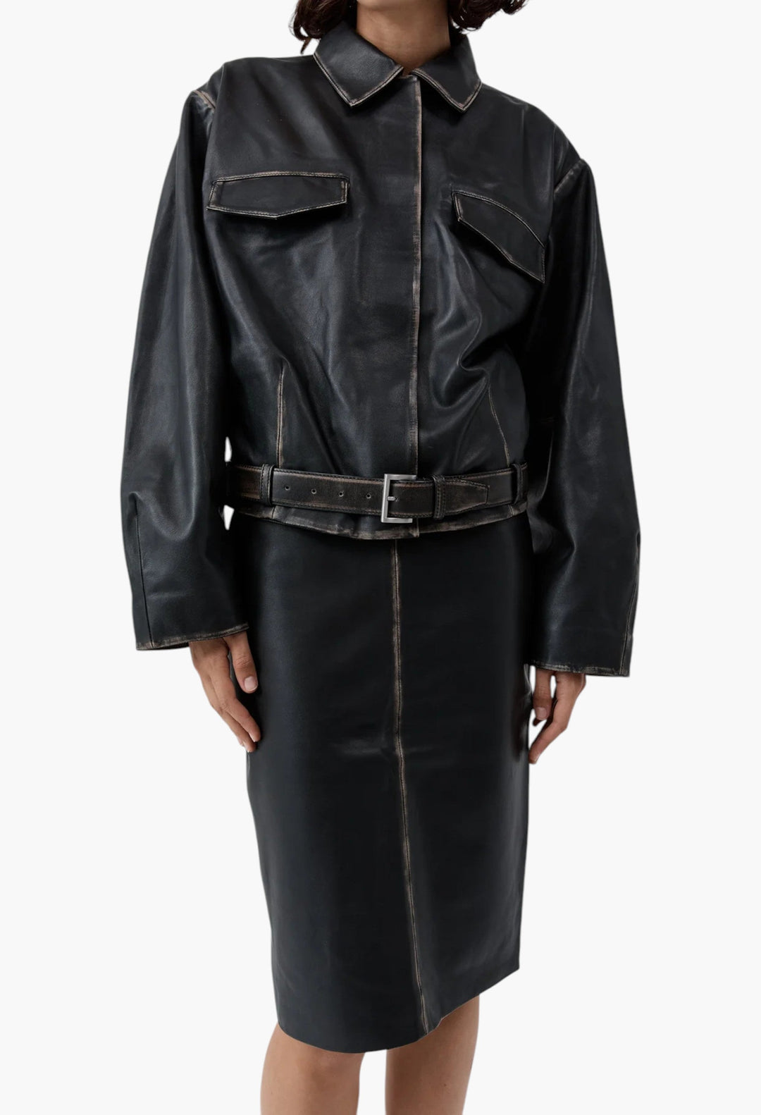 Brushed Leather Belted Jacket - GLAM MODA