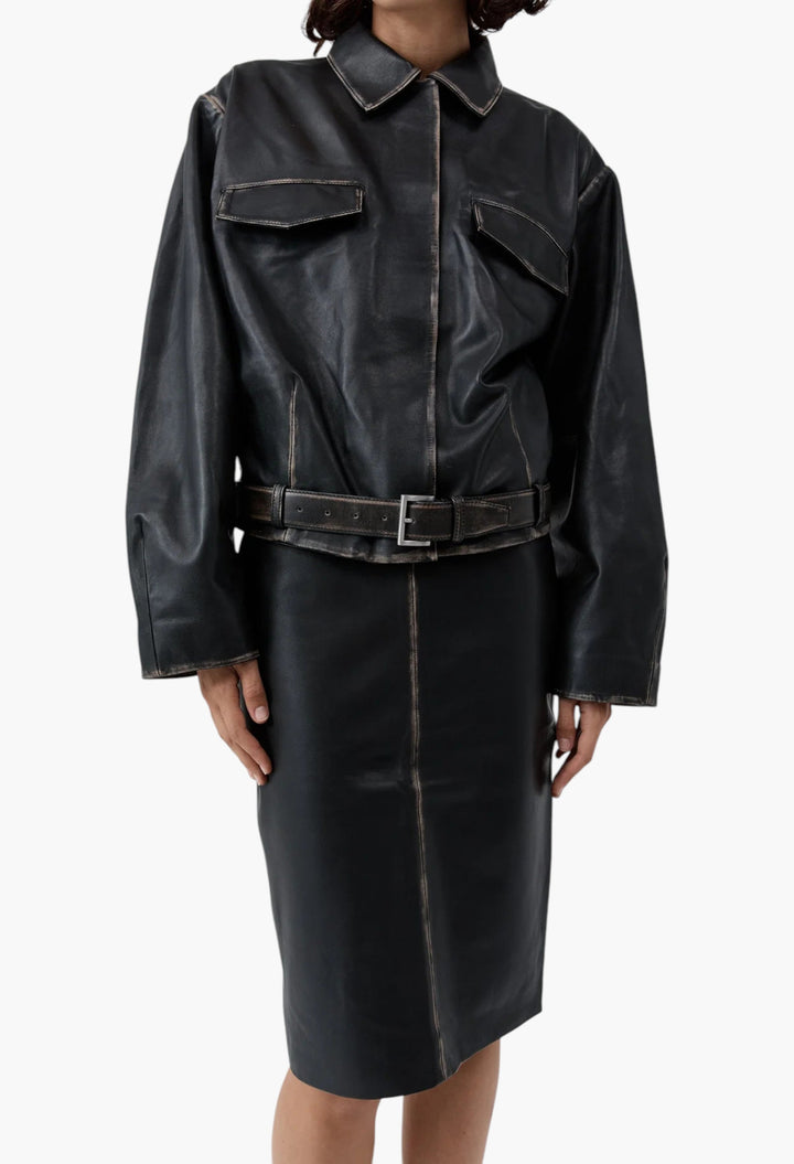 Brushed Leather Belted Jacket - GLAM MODA