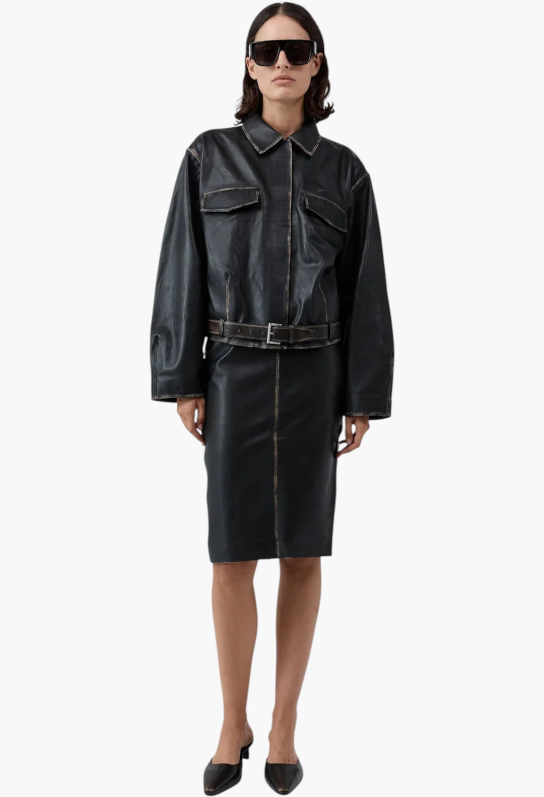 Brushed Leather Belted Jacket - GLAM MODA