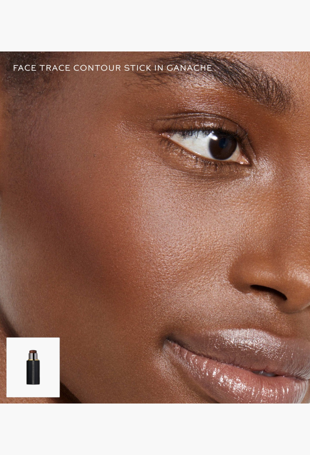 GLAM MODA Face Trace Contour Stick in Ganache applied to a model's cheekbone for a natural, soft sculpted finish.