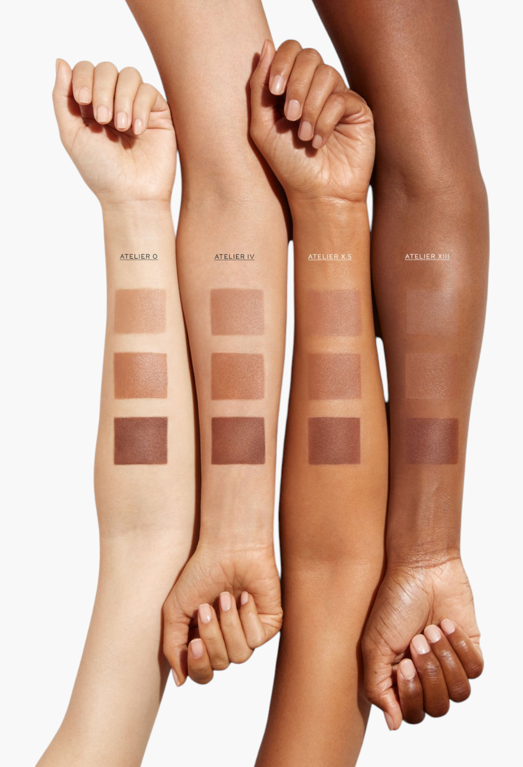 GLAM MODA Clean Glow Trio makeup swatches on four different skin tones showing contour, blush, and highlight shades.