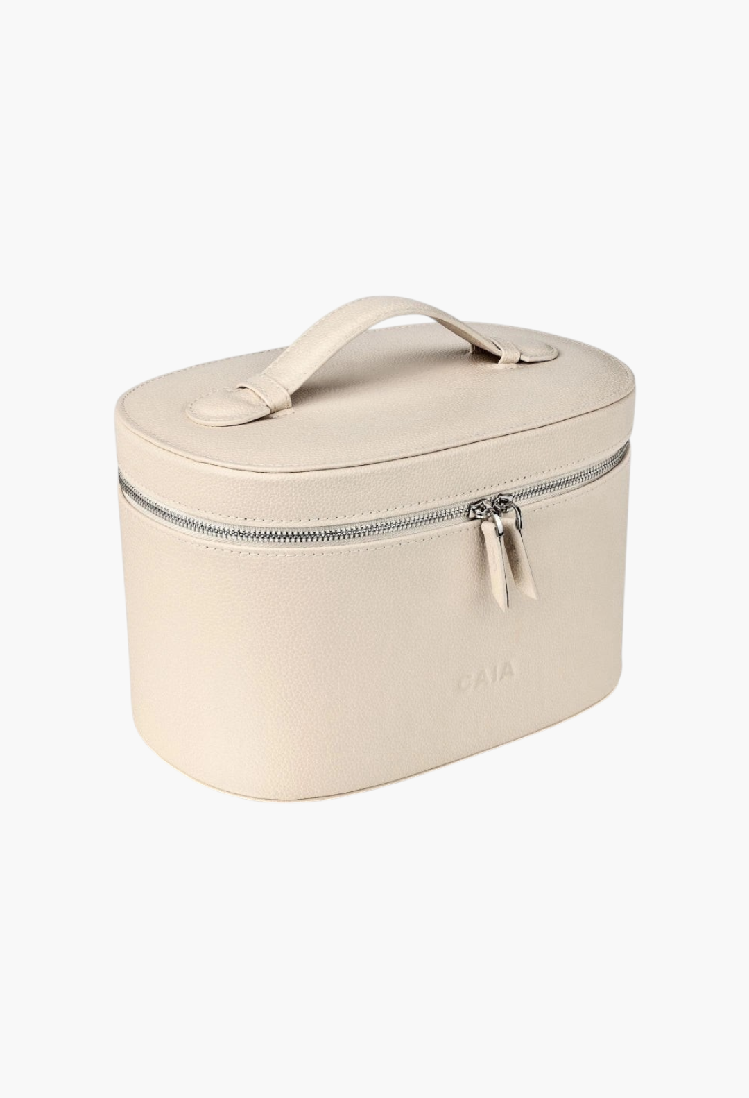 GLAM MODA large beige vegan leather beauty case with a top handle and silver zipper closure for travel organization.