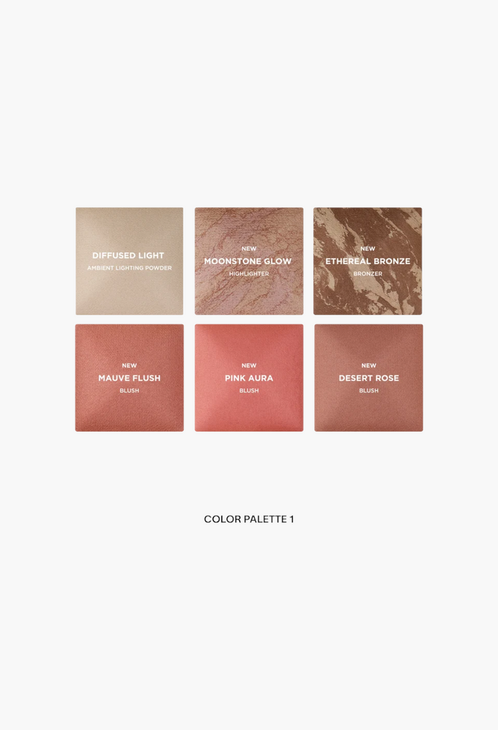 GLAM MODA Ambient Lighting Edit Unlocked Color Palette 1 featuring six powder shades of blush, bronzer, and highlighter