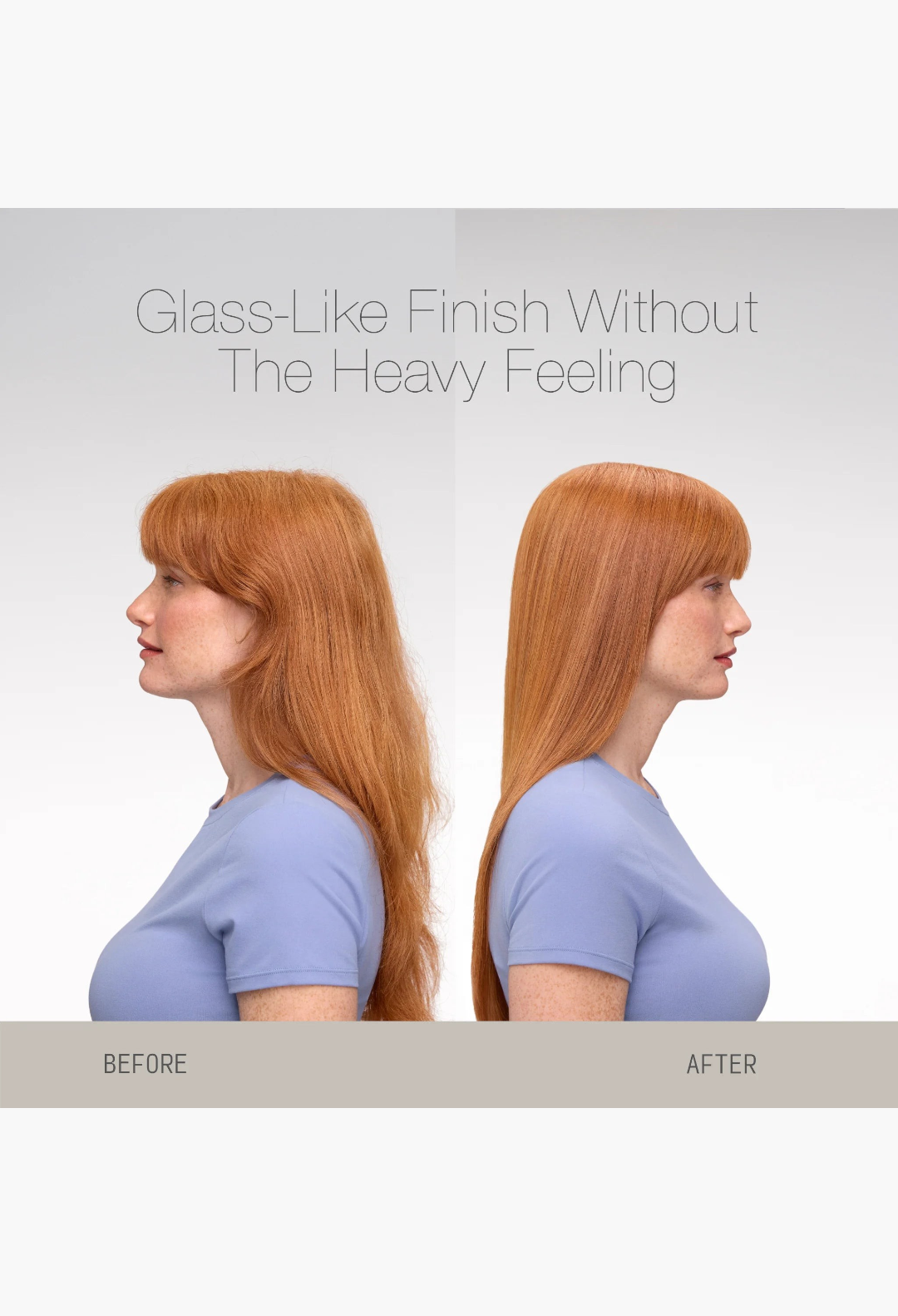 GLAM MODA side-by-side comparison of red hair before and after using Heat Activated Silk Glaze for a sleek finish.