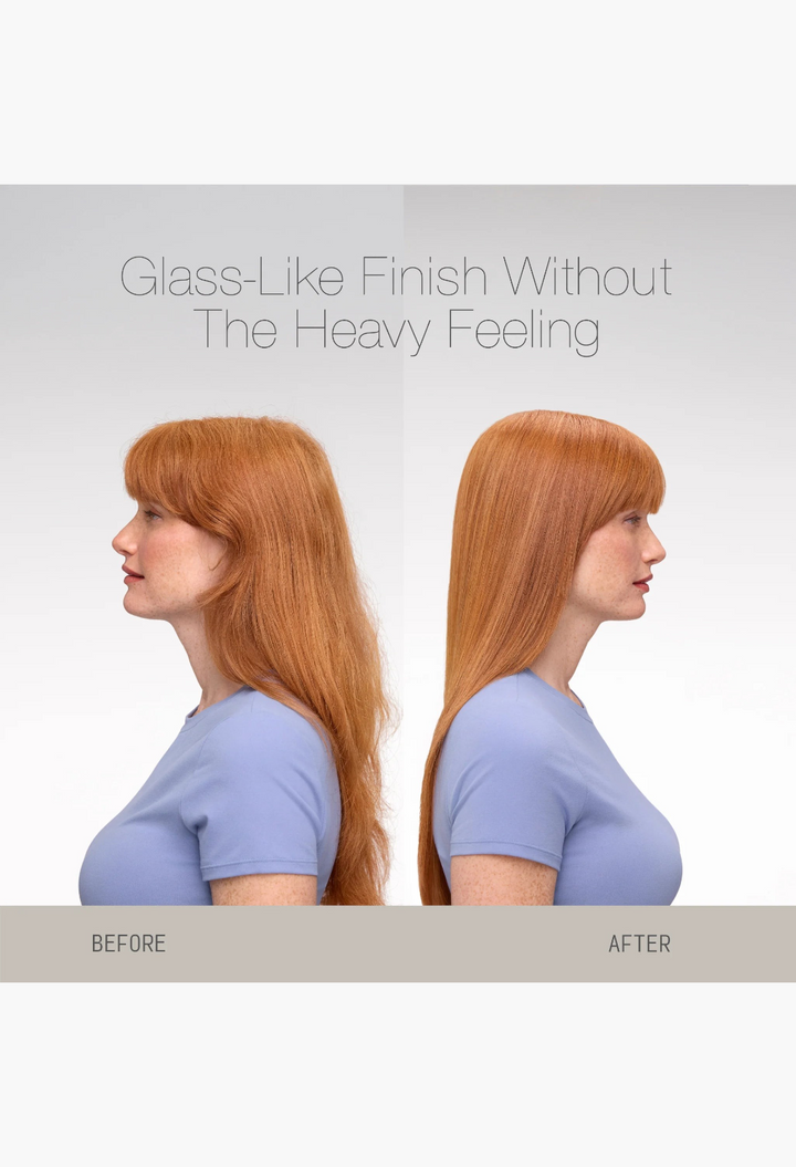 GLAM MODA side-by-side comparison of red hair before and after using Heat Activated Silk Glaze for a sleek finish.