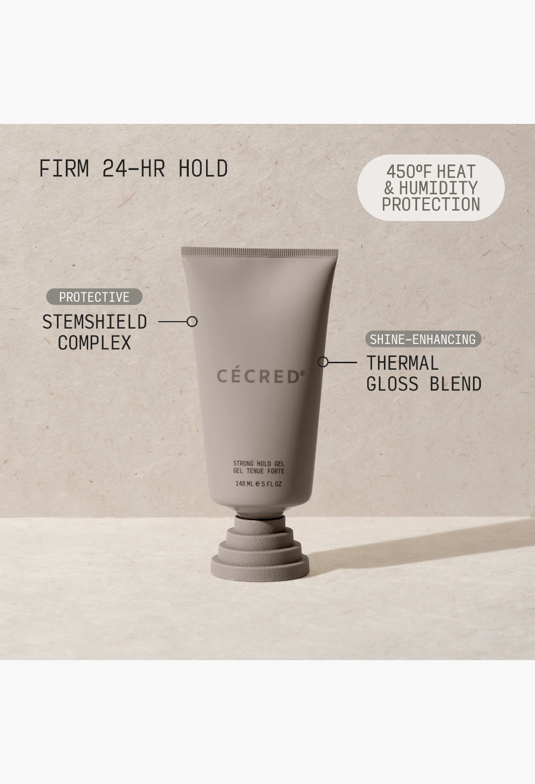 GLAM MODA Strong Hold Gel in a grey tube featuring StemShield Complex and Thermal Gloss Blend for 24-hour hold.