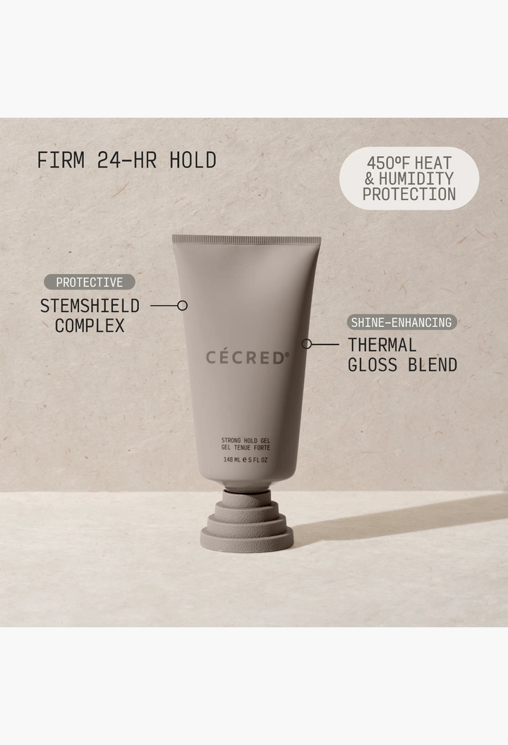 GLAM MODA Strong Hold Gel in a grey tube featuring StemShield Complex and Thermal Gloss Blend for 24-hour hold.