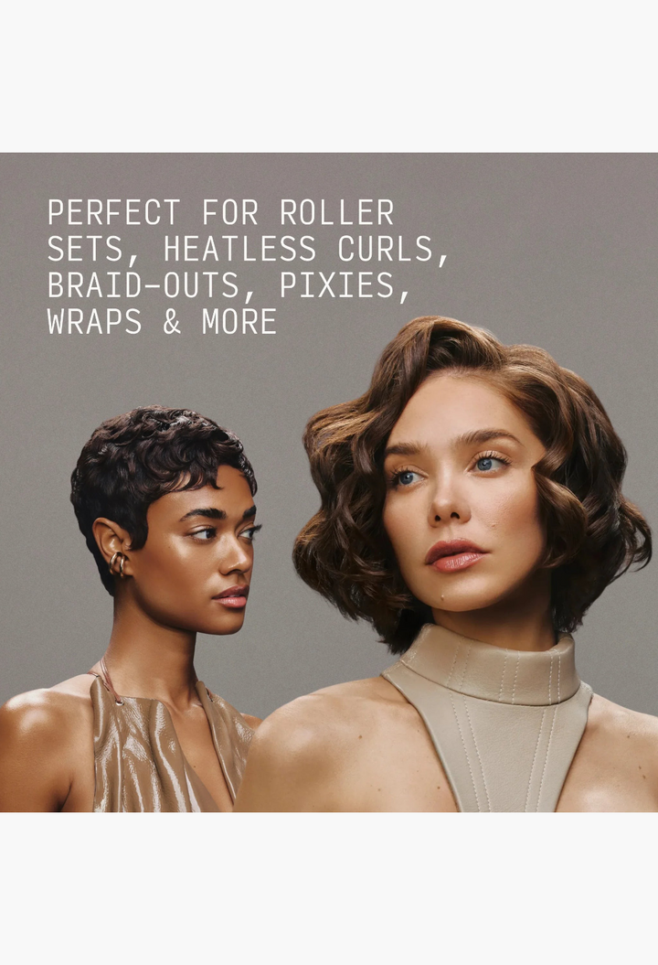 GLAM MODA Wrap & Set Foam used on two models with defined, shiny, and frizz-free hairstyles against a white background.