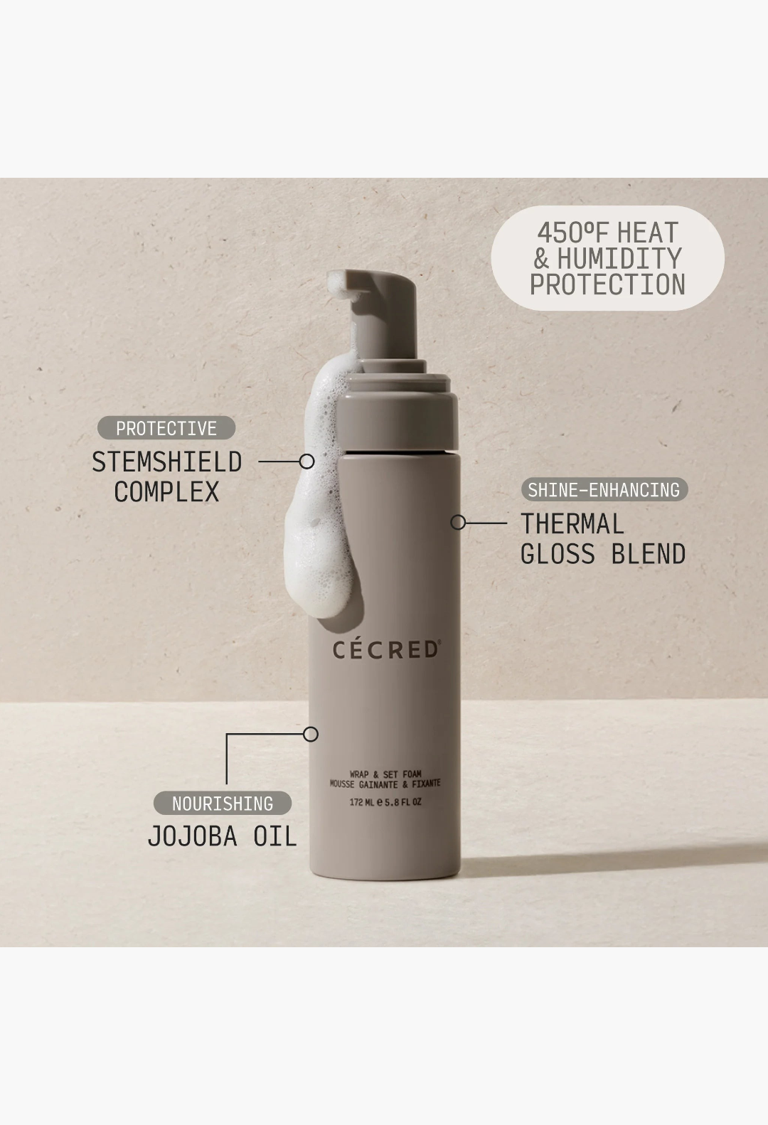 GLAM MODA Cecred Wrap and Set Foam bottle with foam pump, featuring heat protection and nourishing jojoba oil.