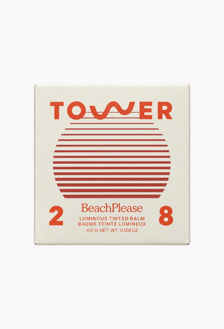 GLAM MODA Tower 28 Beauty BeachPlease Luminous Tinted Balm square compact packaging with sunset graphic design