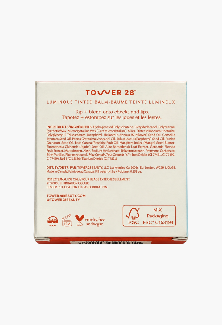 GLAM MODA Tower 28 Beauty BeachPlease Luminous Tinted Balm packaging back view with ingredient list and instructions.