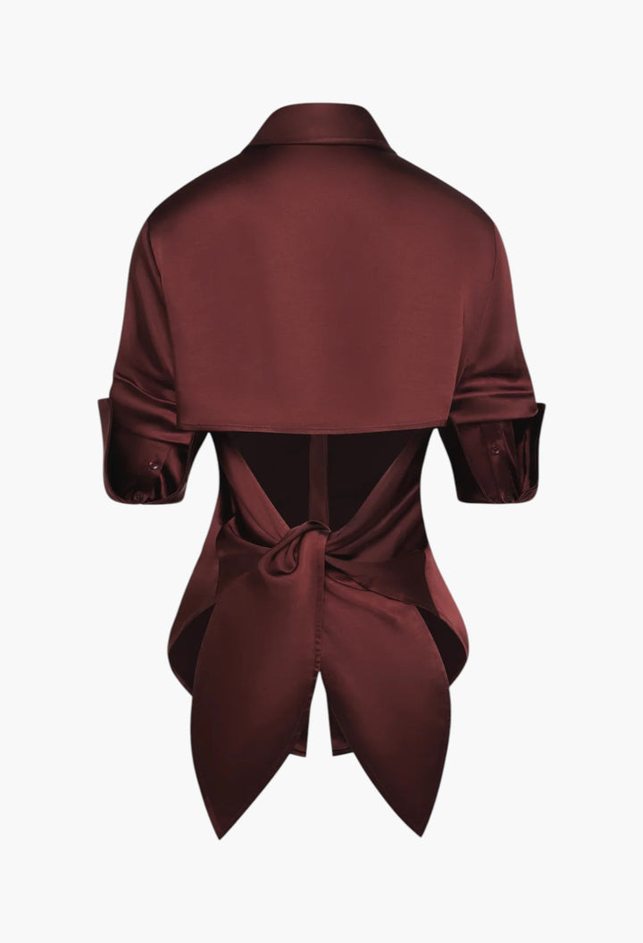 Choco Brown - Loch Satin Button Up - GLAM MODA