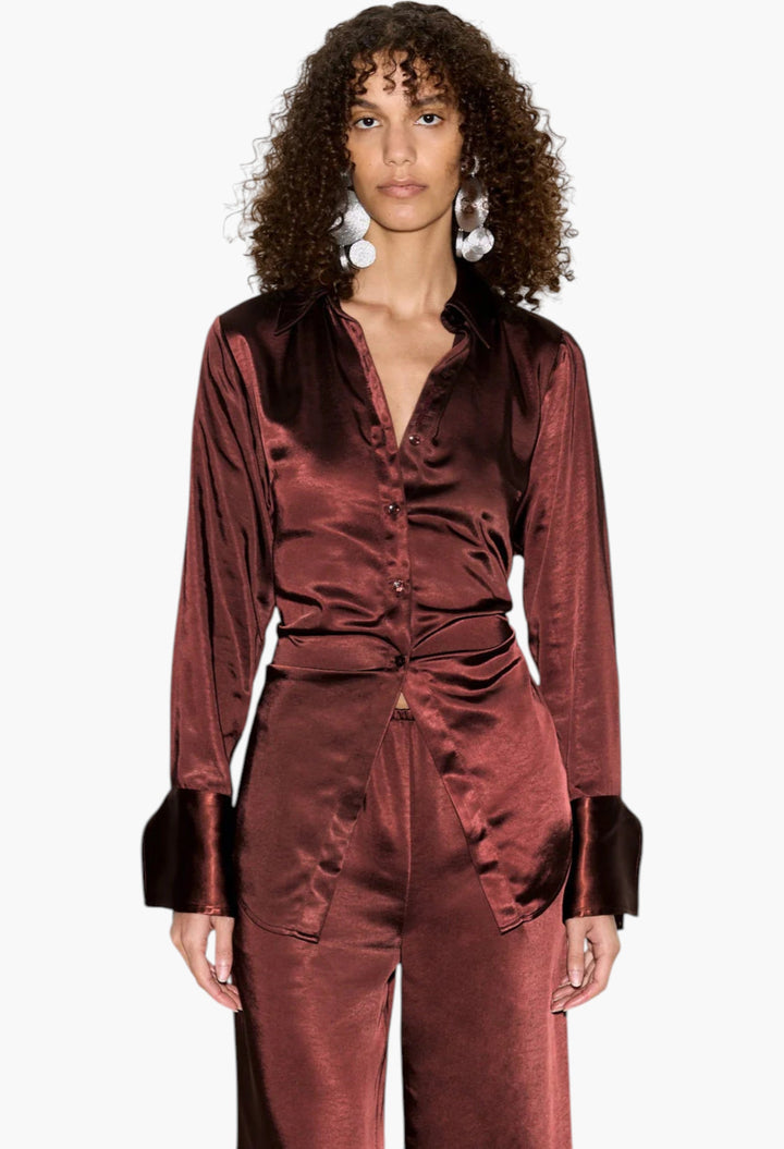 Choco Brown - Loch Satin Button Up - GLAM MODA