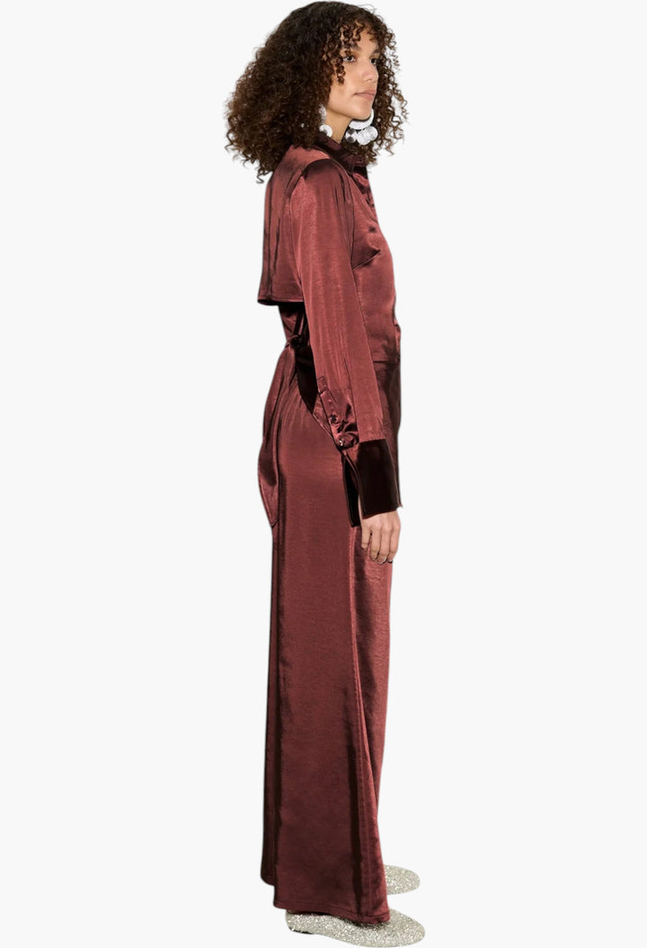 Choco Brown - Loch Satin Button Up - GLAM MODA