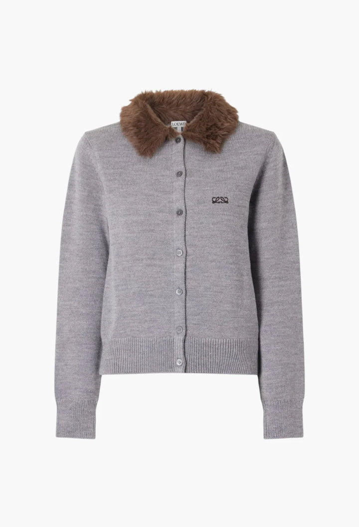 Plush-trimmed logo-embroidered wool cardigan