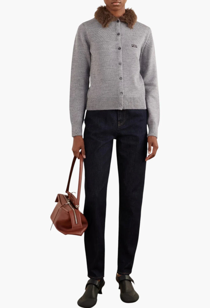 Plush-trimmed logo-embroidered wool cardigan