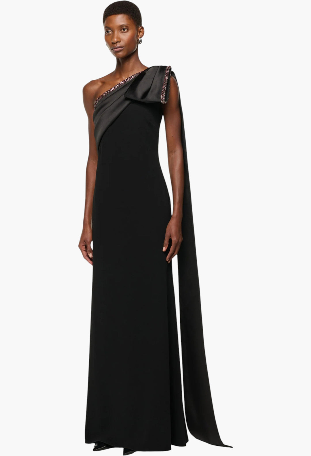Contrast Crystal Trimmed Bow Satin Crepe Gown - GLAM MODA