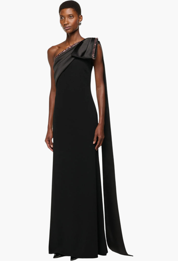 Contrast Crystal Trimmed Bow Satin Crepe Gown - GLAM MODA