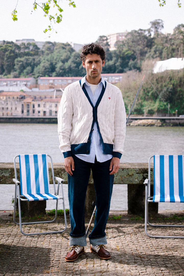 Coup Cardigan -  Off White/ Navy Blue Rib - GLAM MODA