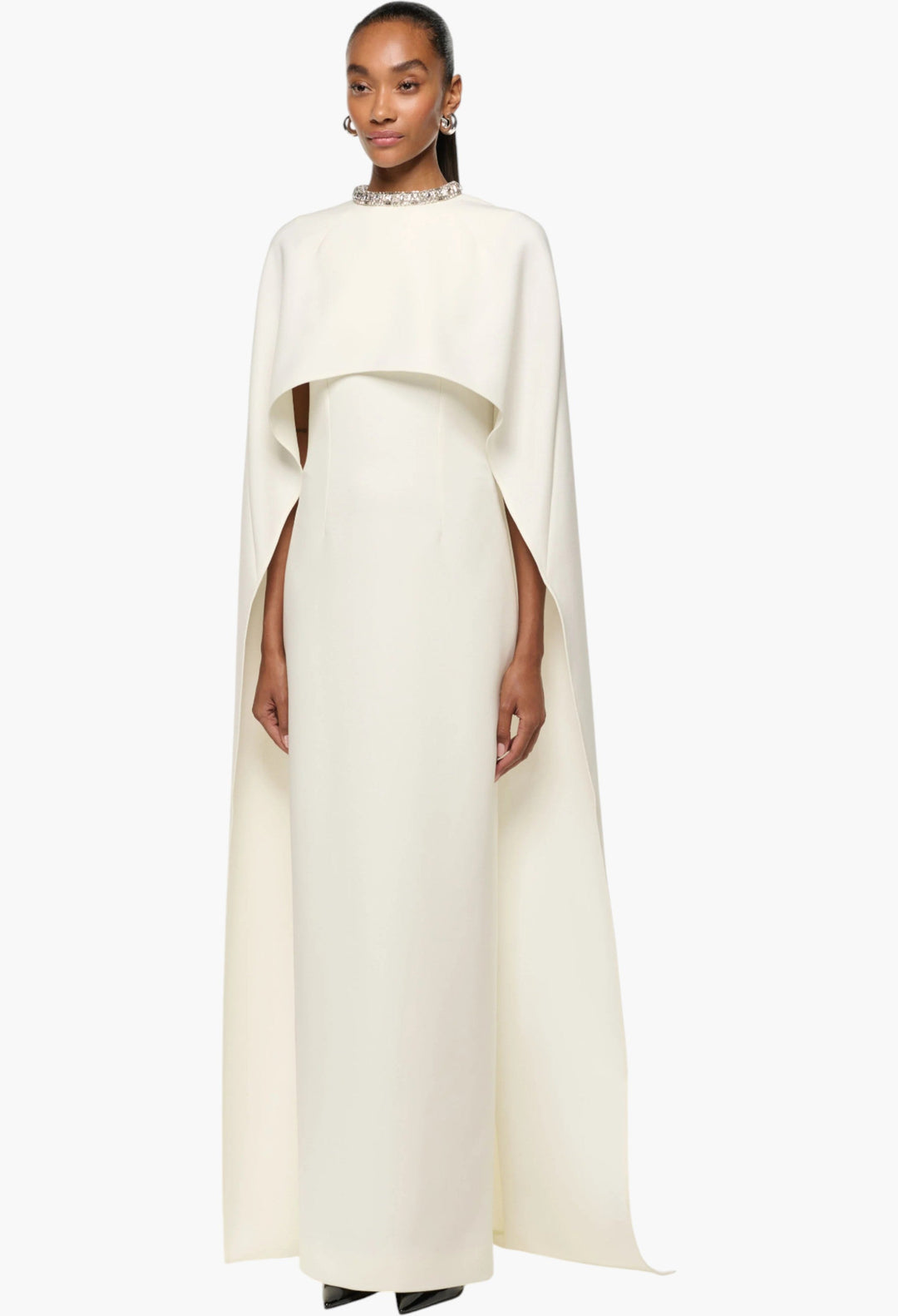 Crystal Neckline Crepe Cape Gown - GLAM MODA