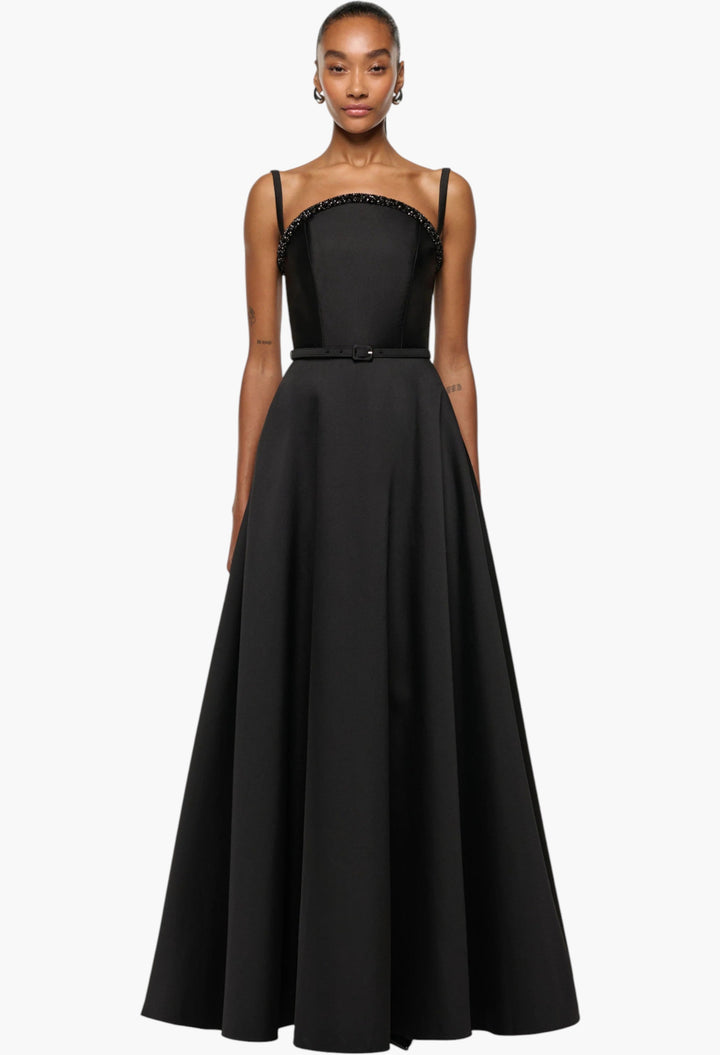 Curved Crystal Neckline Taffeta Gown - GLAM MODA