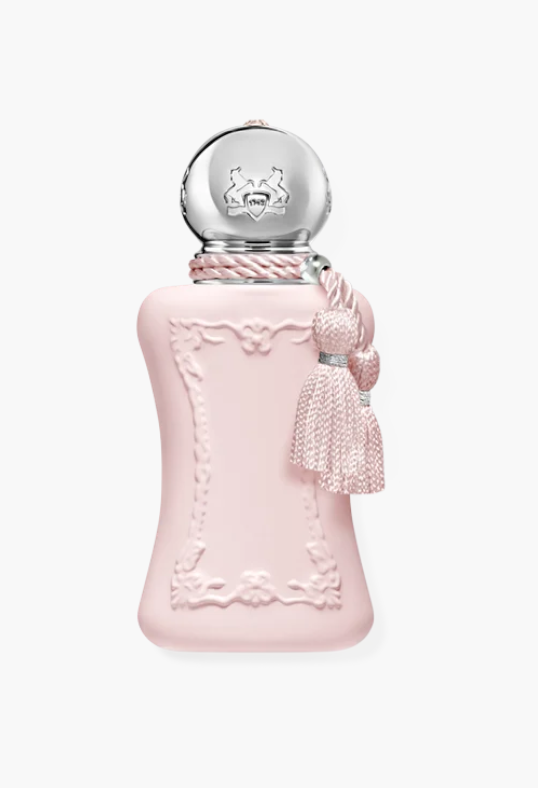 GLAM MODA Delina perfume bottle in soft pink with a silver cap and decorative tassel detail