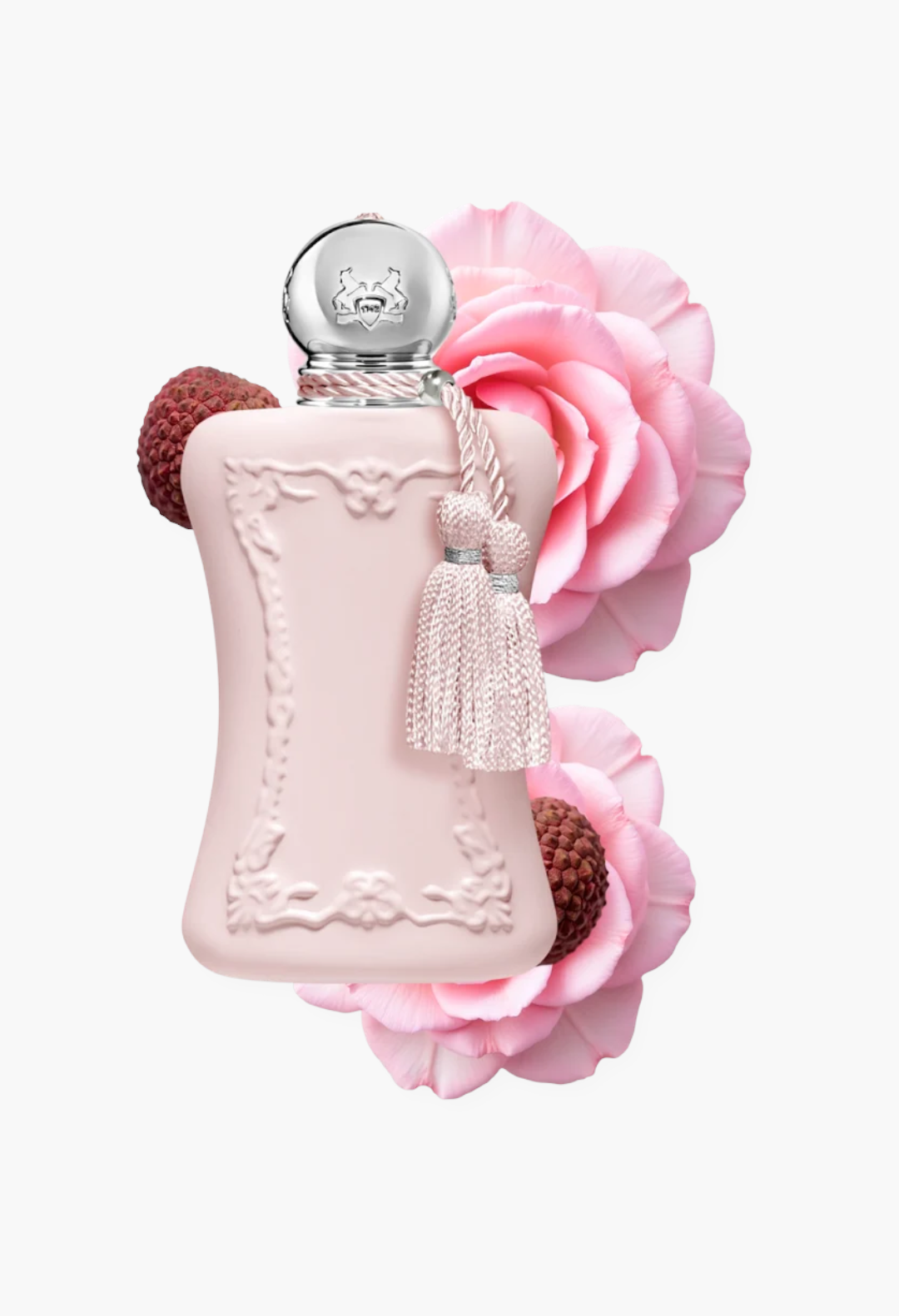 GLAM MODA Delina perfume bottle in pale pink with a decorative tassel, lychee fruit, and soft pink rose petals.