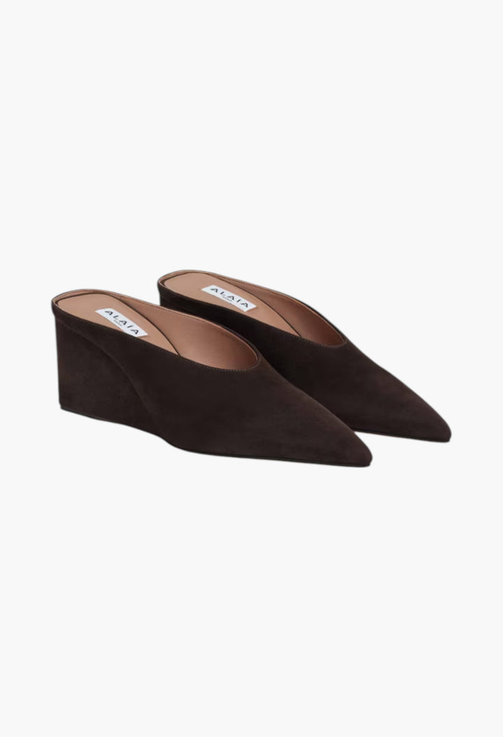 Dark Brown -  Cube Wedge Mules In Suede Goatskin - GLAM MODA
