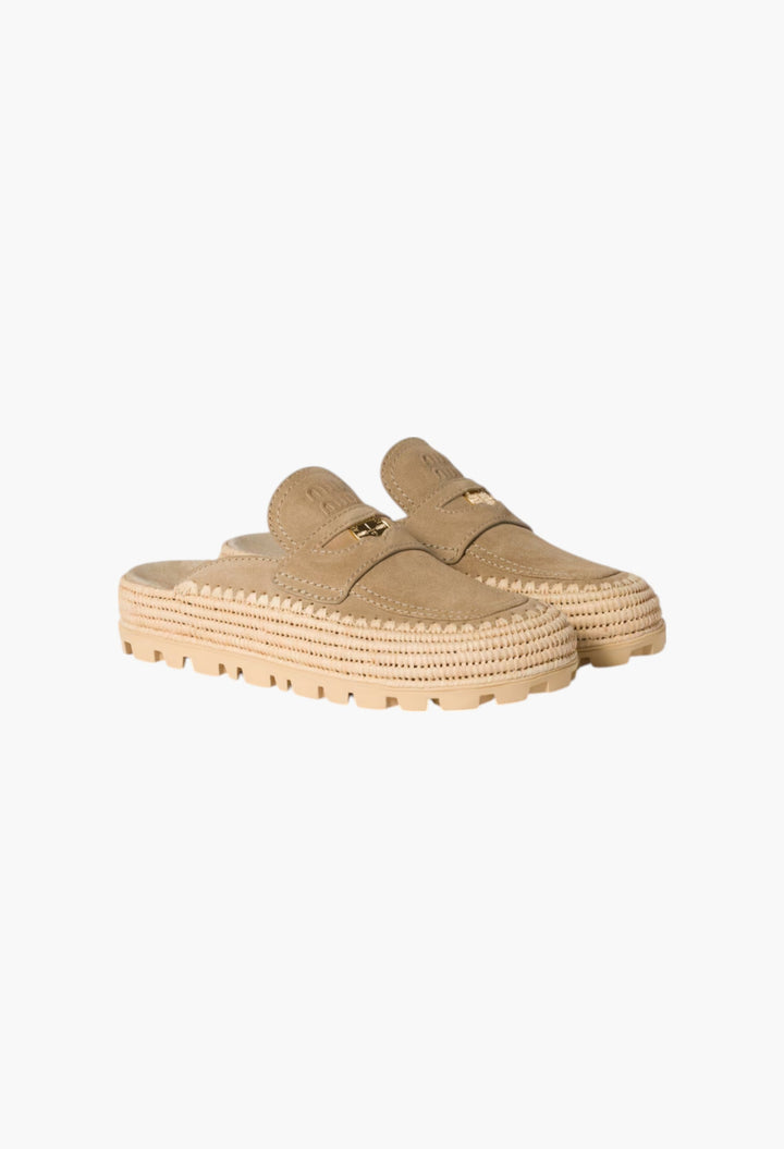 Ecru - Suede And Raffia Flatform Mules - GLAM MODA