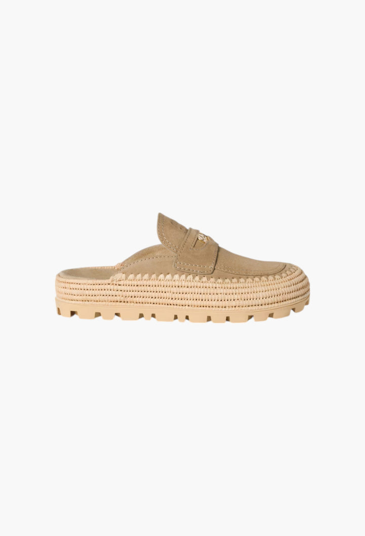 Ecru - Suede And Raffia Flatform Mules - GLAM MODA