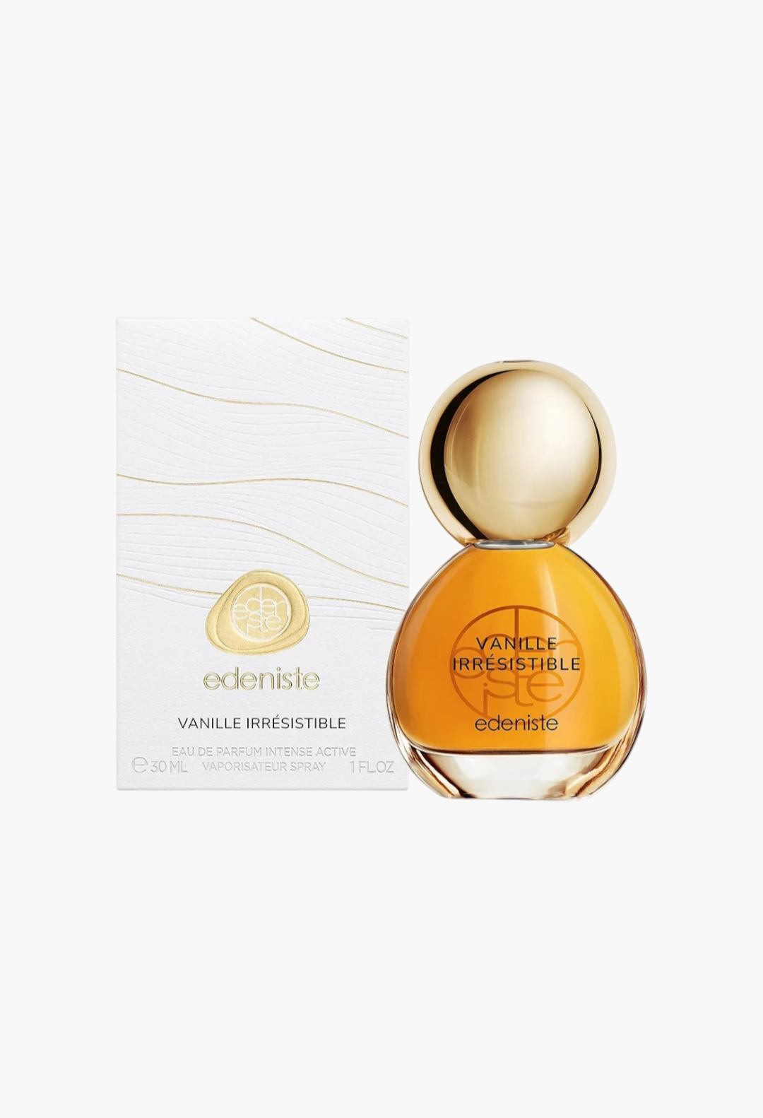 GLAM MODA Edeniste Vanille Irresistible perfume bottle and white textured box with gold cap on a white background